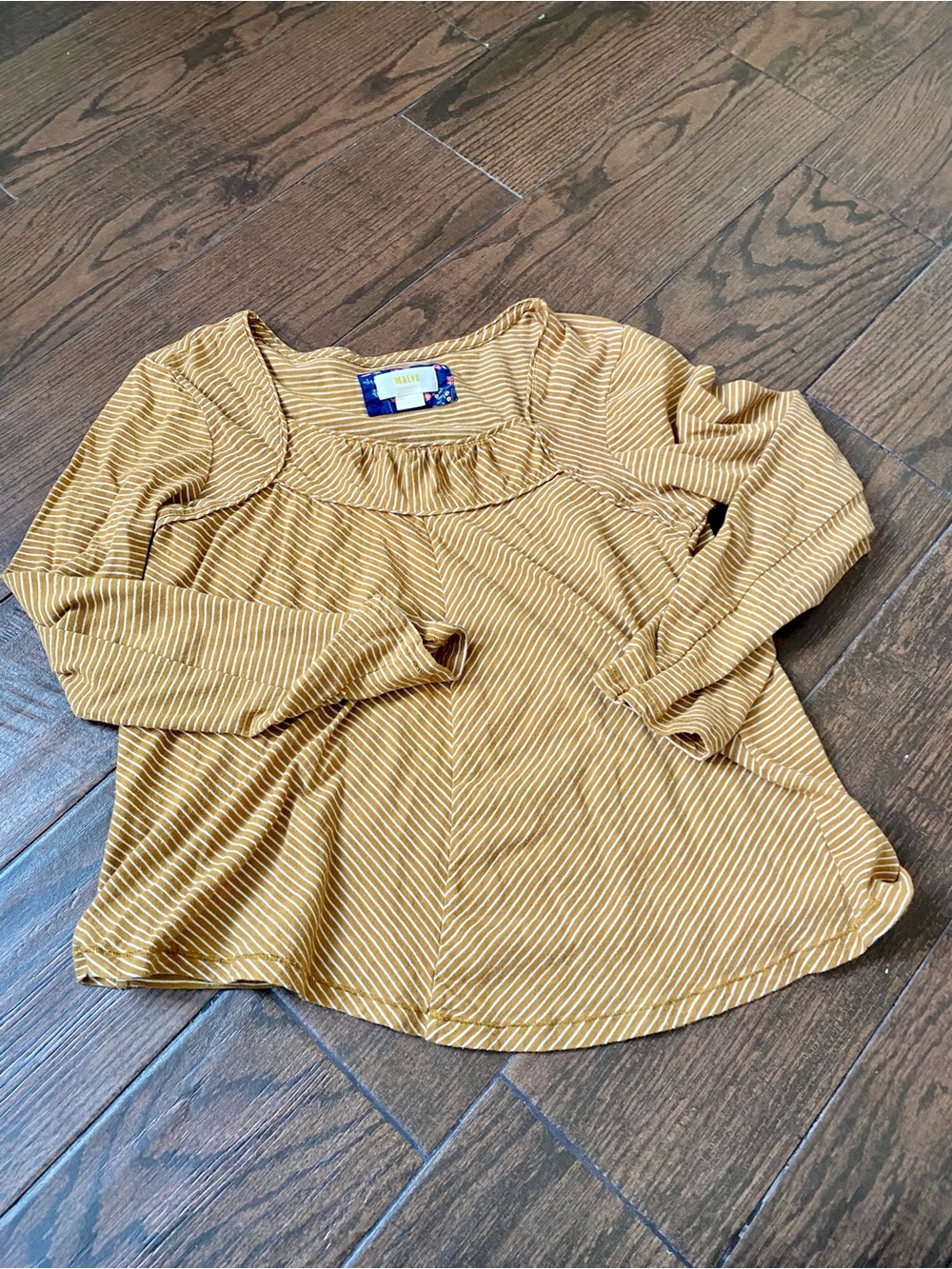 Maeve ANTHROPOLOGIE Brown Striped Shirt Square Scoop Neck Long Sleeve ~ Boho